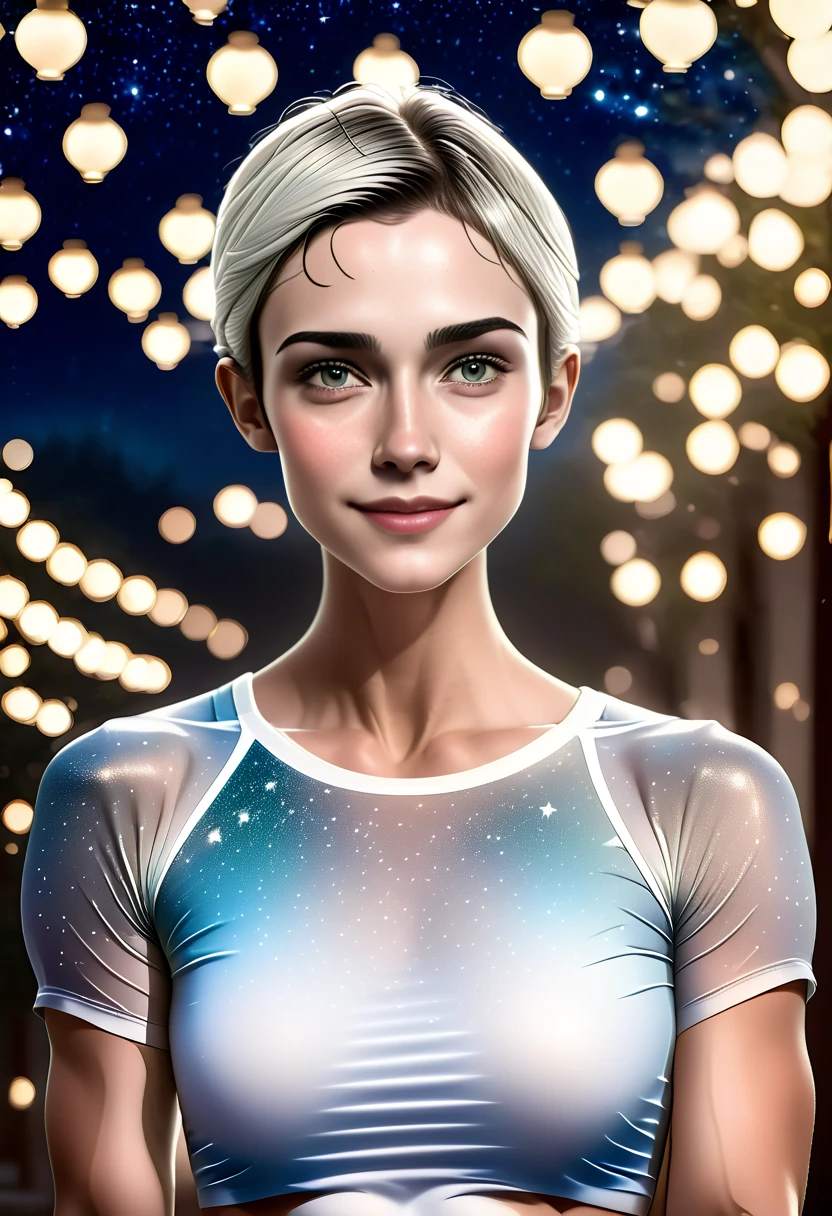 a beautiful fit stunning athletic young woman with extremely narrow waist, gray eyes, extremely pale white skin, beautiful detailed face, kind gentle smile, night, starry sky, detailed art, octane render, 8k, masterpiece, award winning, dramatic lighting, high contrast, vibrant colors.