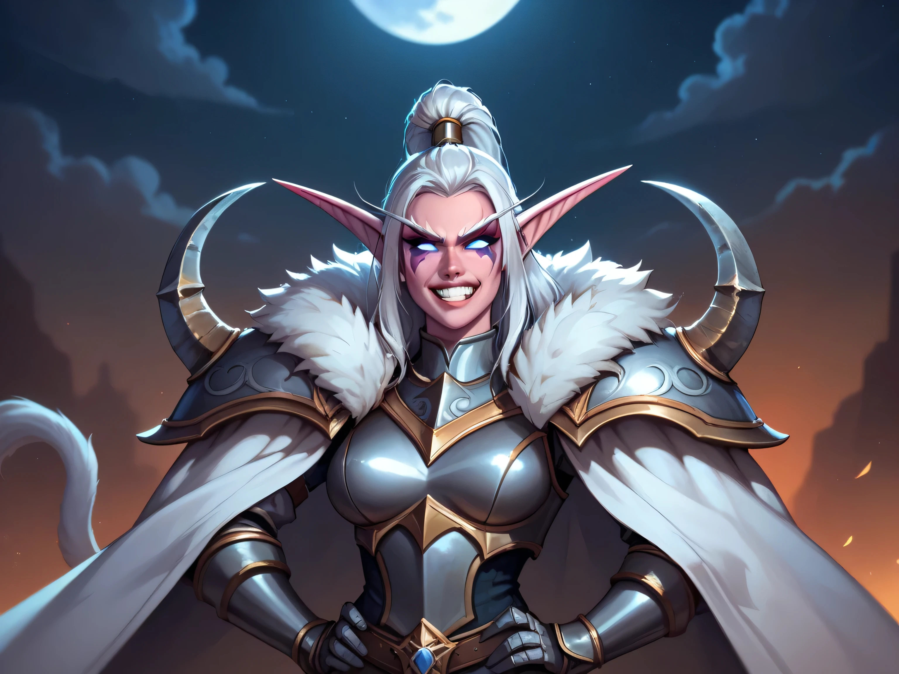 Ultra quality, 1girl, Maievxl, night elf, quiet face, grin eyes, white cloak, helmet, mask, fur trim, white hair, tail, upper body, shoulder armor, gloves, armor, confident pose, hands on hips, angry, looking at onlooker, moon on background, moonlight, shadow