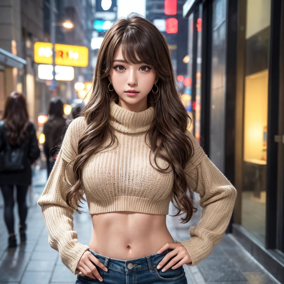 masterpiece, 8K, Award-winning photo, photoRealistic, Realistic, Very detailed, Ultra-high resolution, Ray Trakun, ///one person, (Knitted scarves, knitted sweaters), night, Blurred streetscape of Korea, The most beautiful, 20-year-old, (sexy, Japanese beauty), look at me and smile, (blown hair:1.2, Cool disheveled hair, Long Wavy Hair:1.05), ///Human details Shiny skin, Colored contact lenses、Perfect Makeup, lipstick, Highly saturated eyeshadow, Detailed skin, Beautifully detailed face, RAW Photos, (highest quality, detailed:1.3), highest quality, (Very detailed), Hyper detailed, (Delicate and detailed), (Complex details), (Cinematic Light, highest quality Backlights), Ultra-high resolutionの顔、Ultra-high resolutionの髪、Ultra-high resolution sparkling eyes, Ultra-high resolution glossy lips, Beautiful face drawn in every detail, Clear lines, From below, soloist, soft Light, Mysterious, soft, Honest impressions of girls, (whole body), Perfect body, Big Breasts, Earrings, (place one's hands on one's hips:1.2)