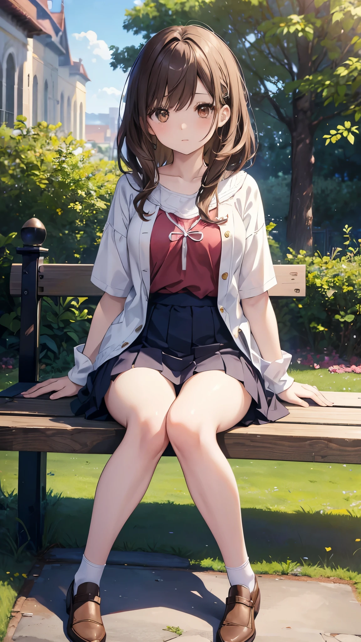 Anime girl sitting cross-legged on a stone bench in a park with nothing、​masterpiece、Chizuru Ichinose、 brown hair on the abdomen、I、For women、 Dressed in clothes 、 detailed background、 detailed eyes on board、（（Brown eyes））,beautiful and perfect legs, Clean and perfect hands