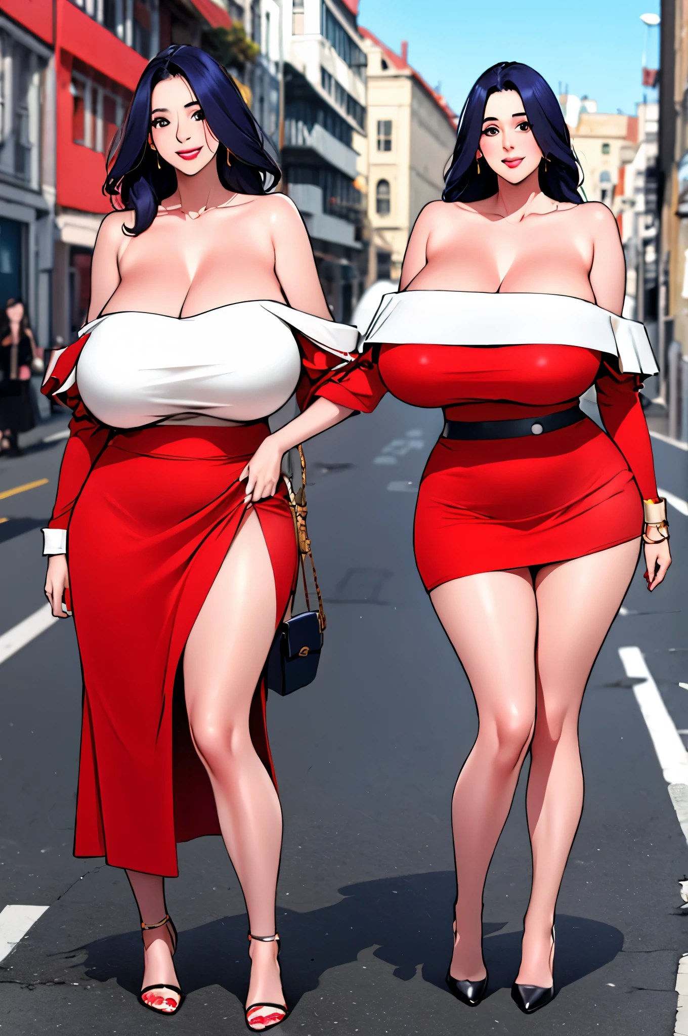 Clara from milf airlines, busty thick yet thin curvaceous body, standing straight, wearing a red off-shoulder top and a short black skirt with hilts on both sides, gold heels, extremely fair white skin, holding a brown Gucci purse in hand, cute smile, looking at the viewer, street in the background, show full body from head to feet.