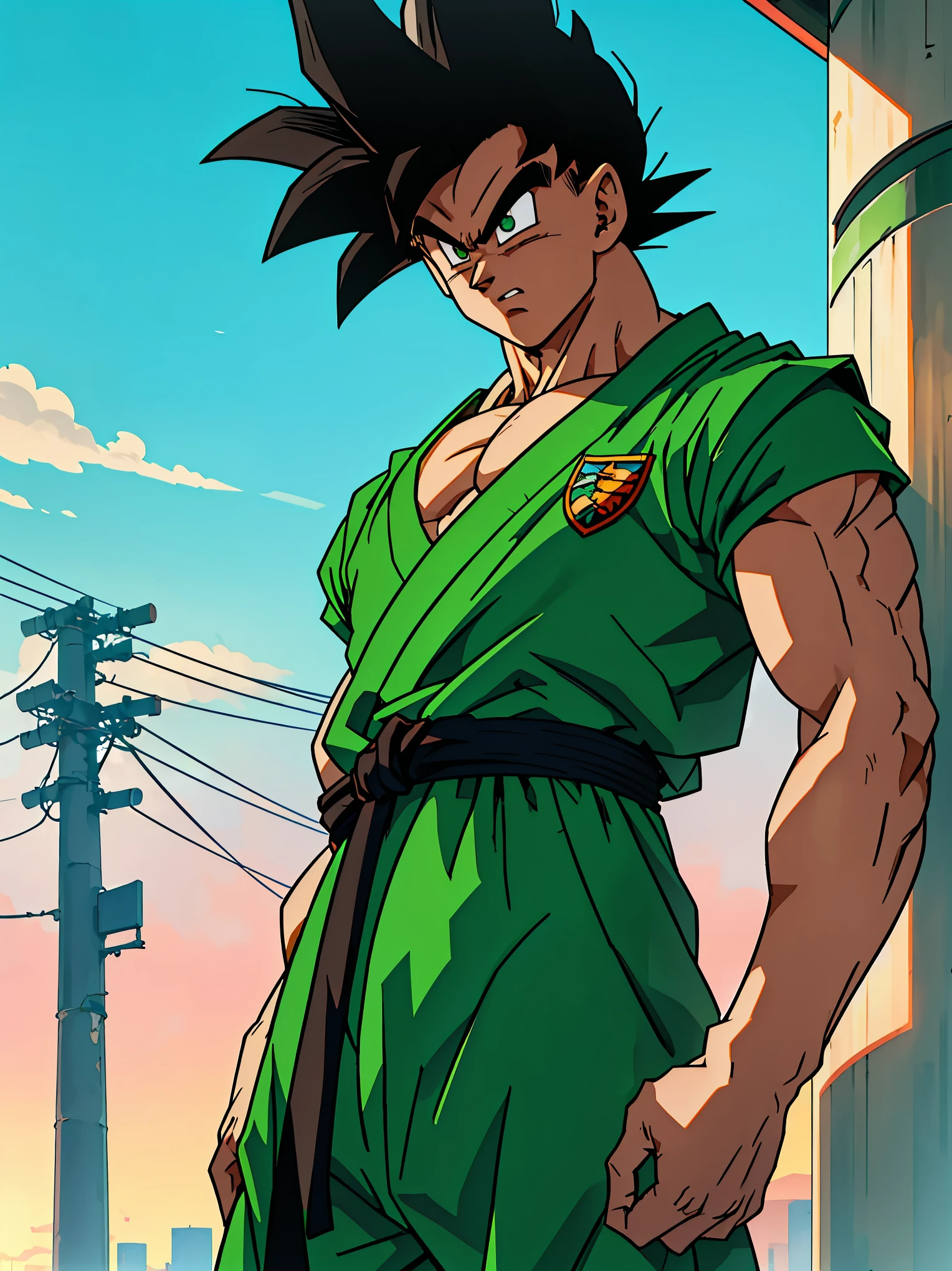 Young Saiyan warrior with spiky black hair and bright green eyes, wearing a martial arts gi with dark green and white colors, including a symbol on the chest (like the Turtle School emblem). The outfit has a black belt tied firmly at the waist, and his expression is serious and focused. He stands in a vibrant, urban setting with glowing neon signs, electrical poles, and a warm sunset lighting up the sky. The character has strong, sharp anime-style shading inspired by Dragon Ball Super, with intricate folds on the clothing and detailed facial expressions. Wind lightly moves his hair and clothing