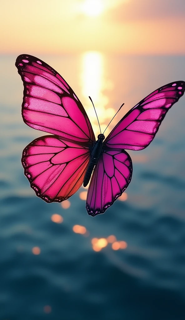 Mariposa superrealista de color fucsia, sobrevolando un mar azul, alzandose en libertad. 4k