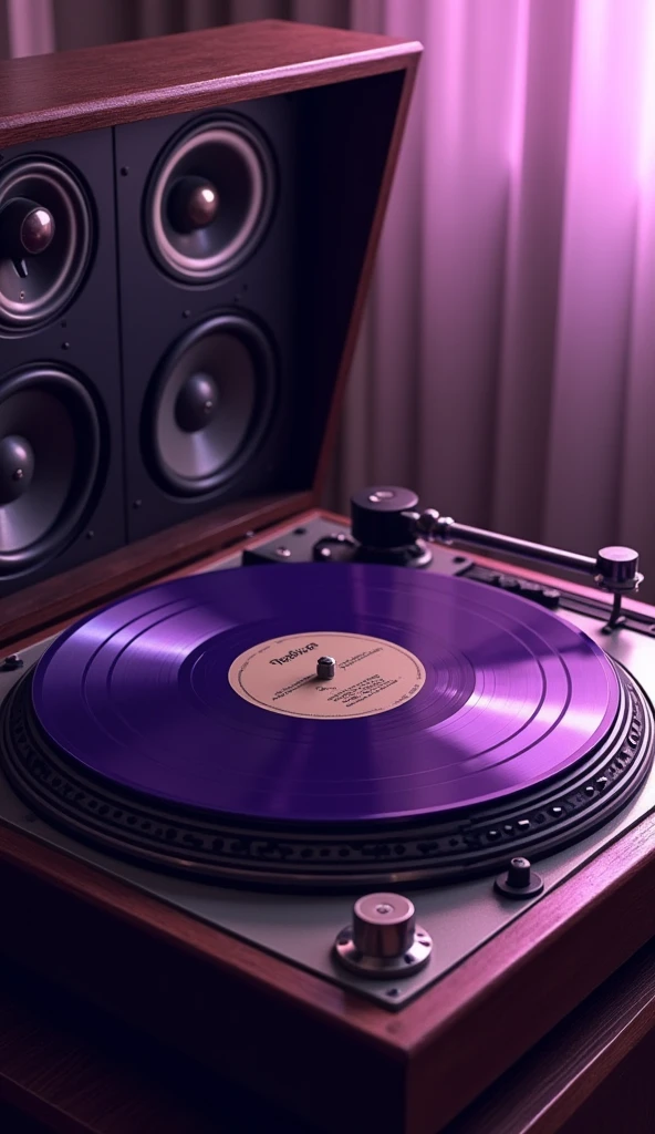 Digital painting, text "Deep Purple In Rock" on vinyl record, dark purple color of the record surface, played on an expensive vintage record player and vintage speakers, a beautiful set playing beautifully, nicely styled playing set, midjourneyv6.1