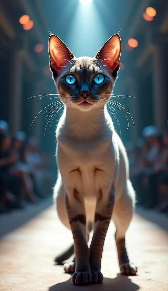 I want a cat with blue eyes , as if they were at a fashion show, showing elegance and call