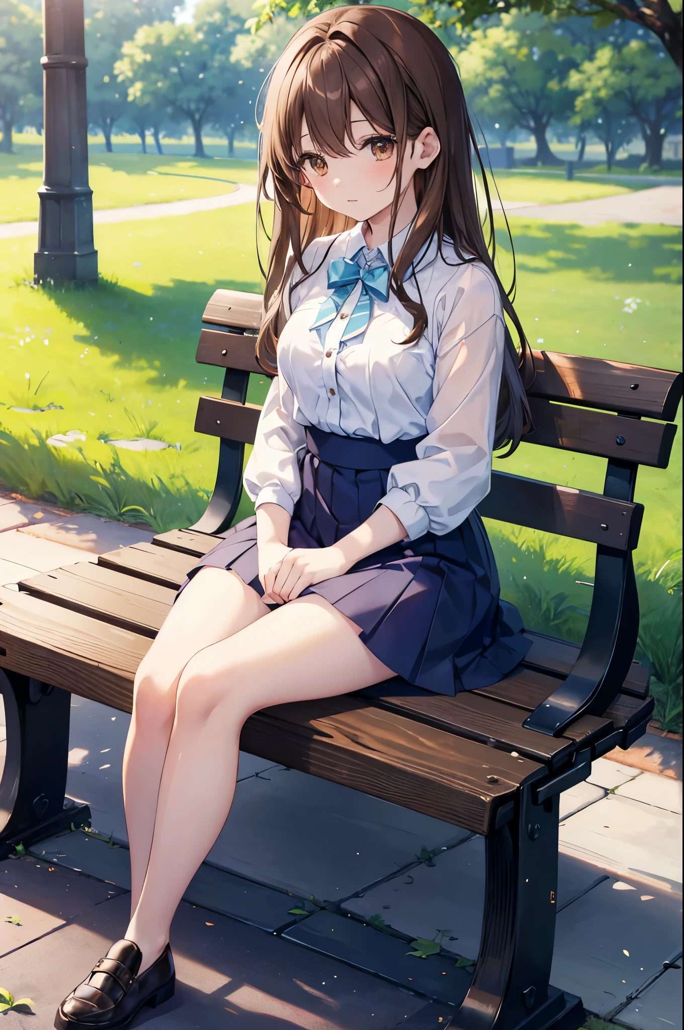 (manga:1.4),(full body:1.4),Uruchan-6500-v1.1, (RAW Photos:1.2), (Photorealistic), (Genuine:1.4), 1girl、Perfect Anatomy、28 years old、Looking at the camera、Medium Long Hair、Plaid vest、((Sitting on a bench:1.3))、(Ultra-realistic pantyhose:1.2), (High heels)、(Business services)、