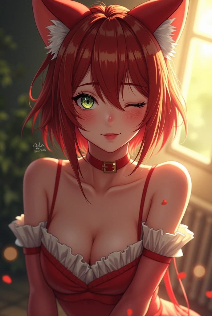 1 , breasts big, fox ears, アニメ, shorth hair, Eyes red, language,