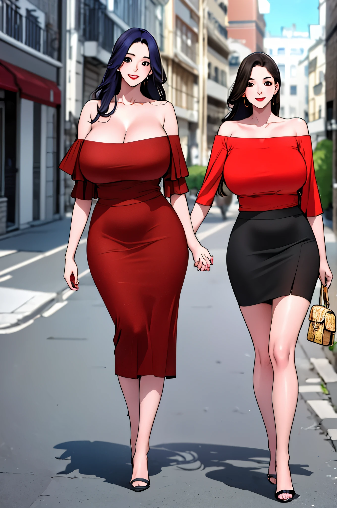 Clara from milf airlines, busty thick yet thin curvaceous body, standing straight, wearing a red off-shoulder top and a short black skirt with hilts on both sides, gold heels, extremely fair white skin, holding a brown Gucci purse in hand, cute smile, looking at the viewer, street in the background, show full body from head to feet.