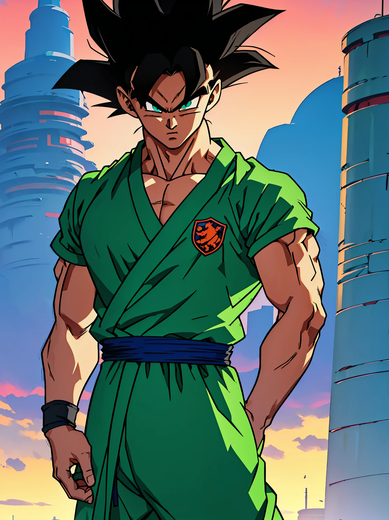 Young Saiyan warrior with spiky black hair and bright green eyes, wearing a martial arts gi with dark blue and white colors, including a symbol on the chest (like the Turtle School emblem). The outfit has a black belt tied firmly at the waist, and his expression is serious and focused. He stands in a vibrant, urban setting with glowing neon signs, electrical poles, and a warm sunset lighting up the sky. The character has strong, sharp anime-style shading inspired by Dragon Ball Super, with intricate folds on the clothing and detailed facial expressions. Wind lightly moves his hair and clothing