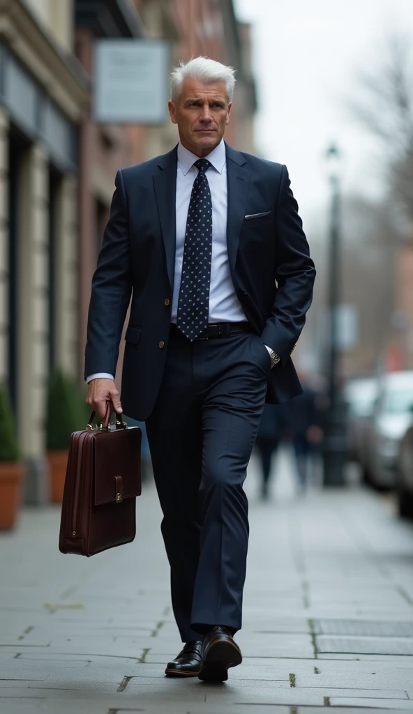  muscular executive man with a portfolio walking on the street, real and detailed image,  the white-haired man with black eyes short black hair , good lump, on a cloudy day ,  walking as an alpha male ,  very confidently and very virile , You can tell that he is very handsome .