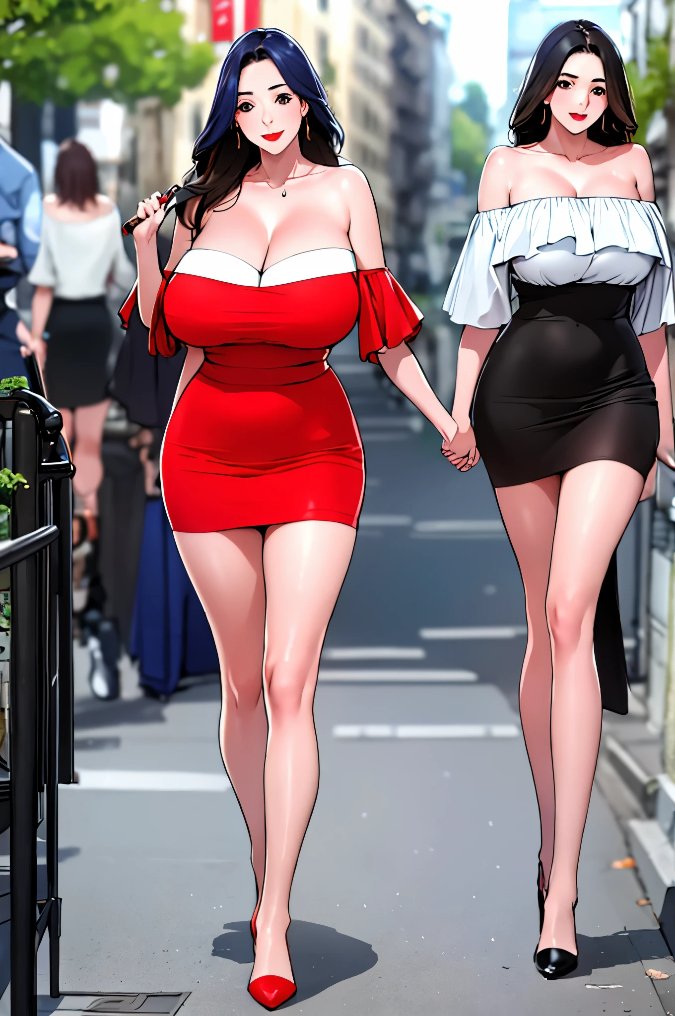 Clara from milf airlines, busty thick yet thin curvaceous body, standing straight, wearing a red off-shoulder top and a short black skirt with hilts on both sides, gold heels, extremely fair white skin, holding a brown Gucci purse in hand, cute smile, looking at the viewer, street in the background, show full body from head to feet.