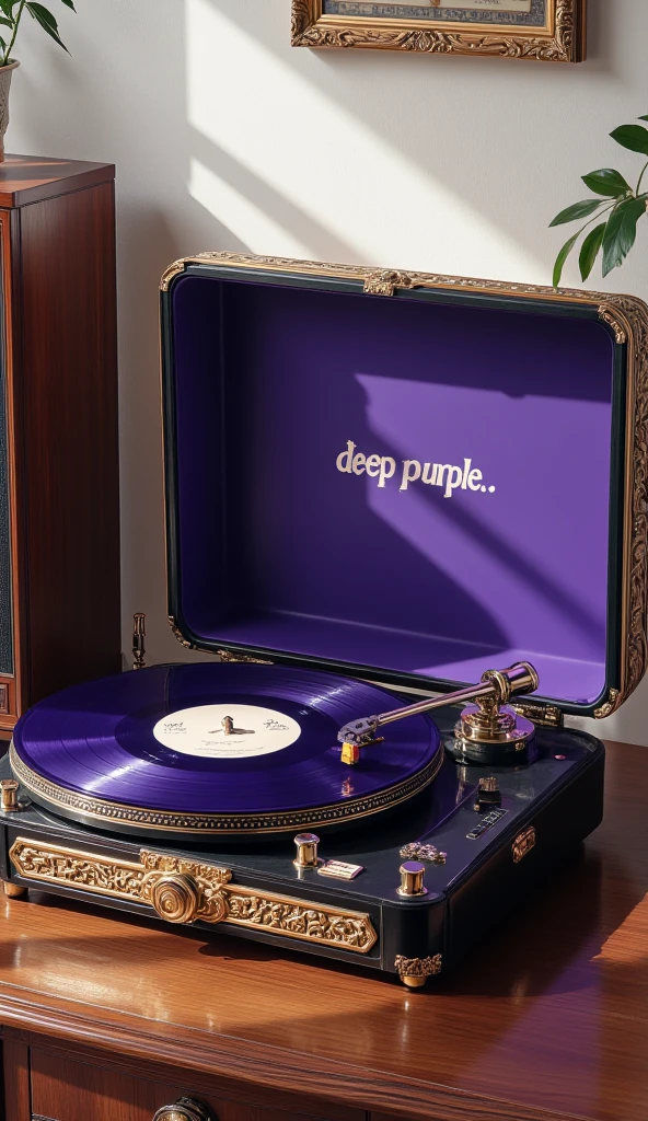 Digital painting, text "Deep Purple In Rock" on vinyl record, dark purple color of the record surface, played on an expensive vintage record player and vintage speakers, a beautiful set playing beautifully, nicely styled playing set, midjourneyv6.1