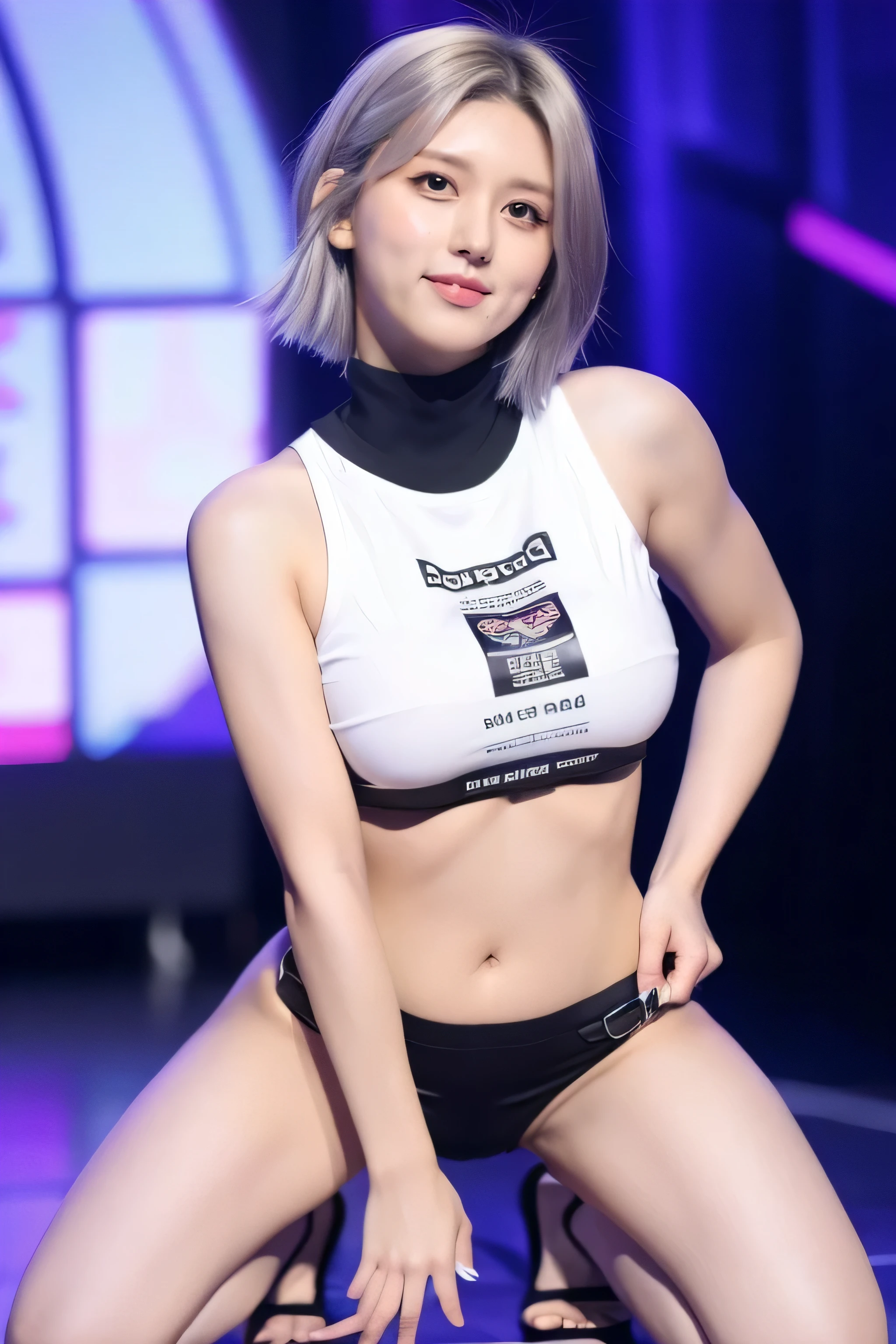 black pantyhose and oversized shirt, dancing on the stage, full body, bob cut, silver hair, sexy pose, open her hips and bend her knees and putting hands on her knees, open her legs dynamicly with standing like sumo of Japan, embarrassed face