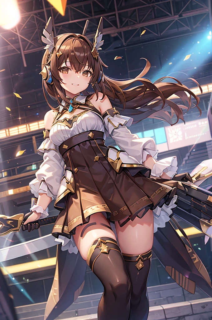  and smiles 、mecha wing、Thighs、tights、chest、 Shiny Brown Hair 、 1 girl、 solo girl 、 headphones、idol dress、idol skirt、mecha girl、Armor、 miniskirt、 I have a sword、sword