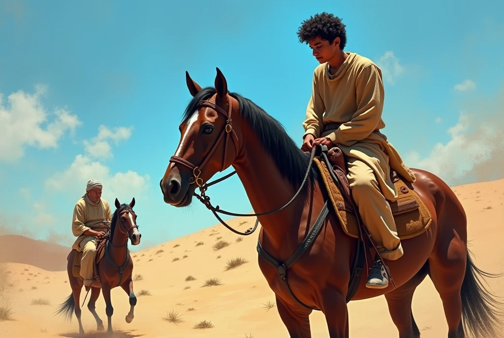 A young skinny prince white skin beautiful face handsome shirtless in a small Roman carriage with 4 horses in the desert 