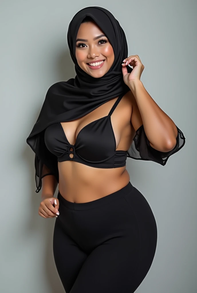 (8k, best quality, masterpiece:1.2), (photorealistic:1.4), RAW photo, best quality, ultra high res, best shadow, (full body:1.4), highly detailed facial features, beautiful and flawless face, perfect eyes, Kasih iris Leona Malayasia, Adult girl, hijab, big breast, forward chest, wearing sport bikini