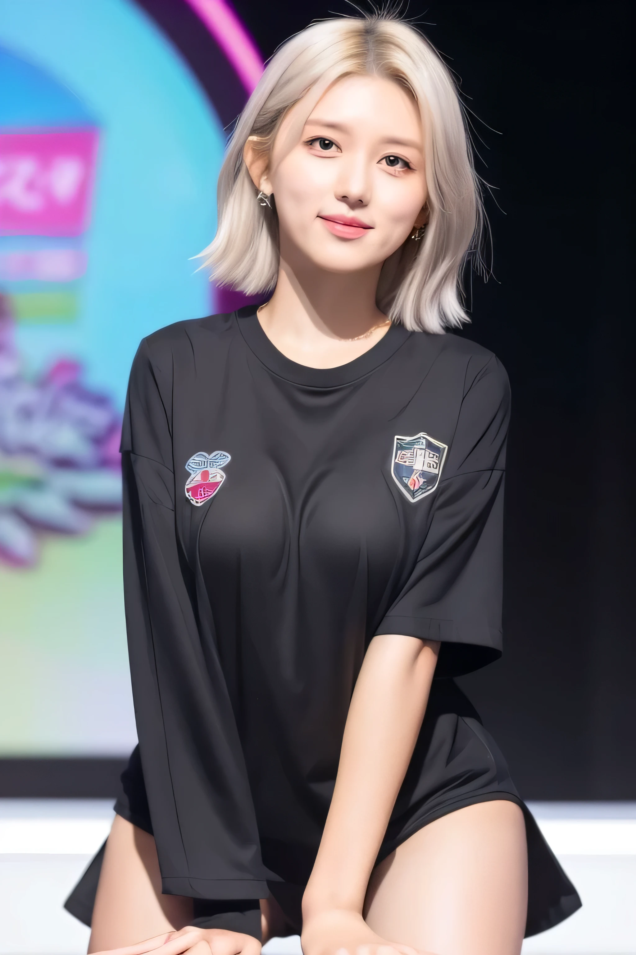 black pantyhose and oversized shirt, dancing on the stage, full body, bob cut, silver hair, sexy pose, open her hips and bend her knees and putting hands on her knees, open her legs dynamicly with standing like sumo of Japan, embarrassed face