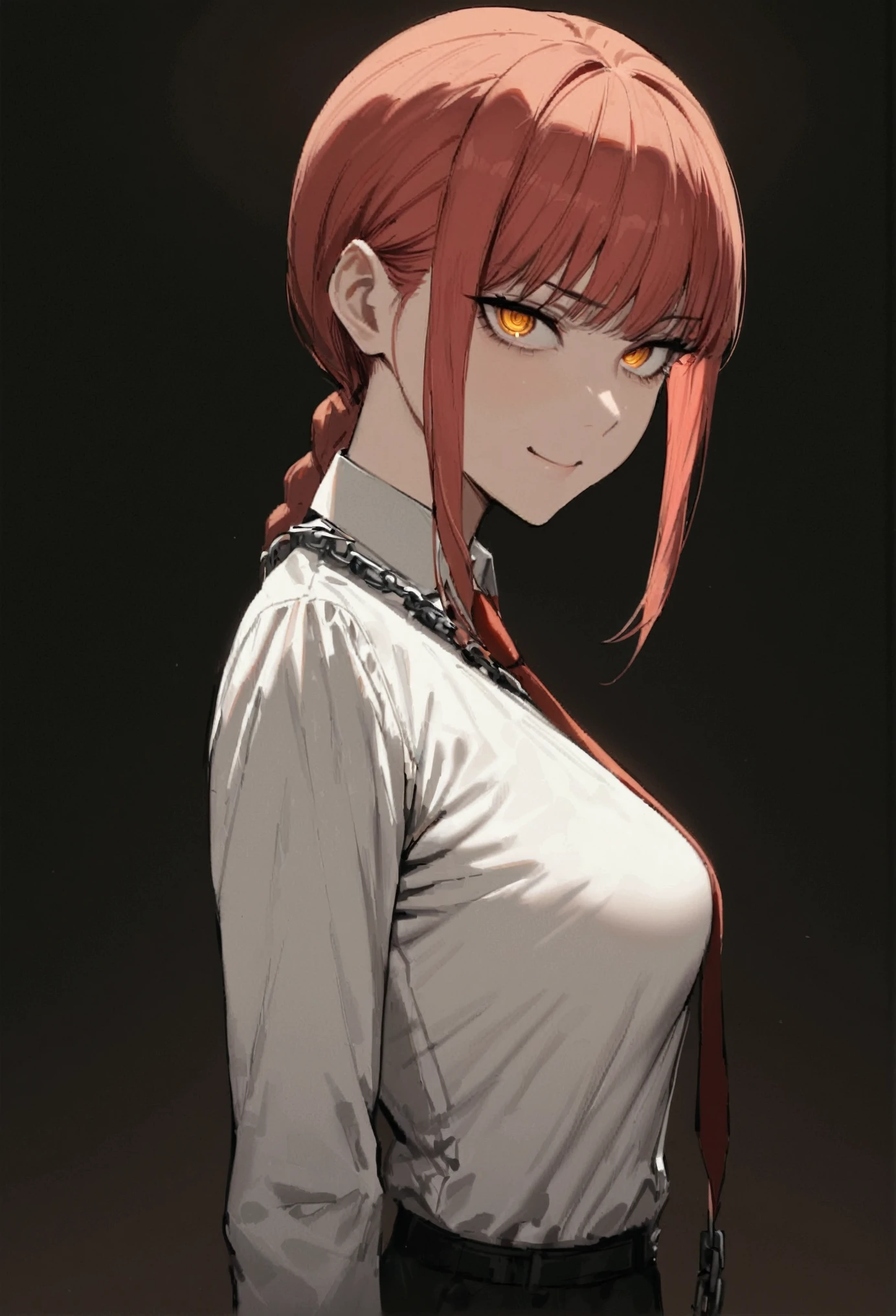 (masterpiece, best quality:1.2), makima, side view, ultra detailed, 1girl, solo, standing, red hair, long braided hair, golden eyes, bangs, medium breasts, white shirt, necktie, stare, smile, (evil:1.2), looking at viewer, (interview:1.3), (dark background, chains:1.3), blur background,