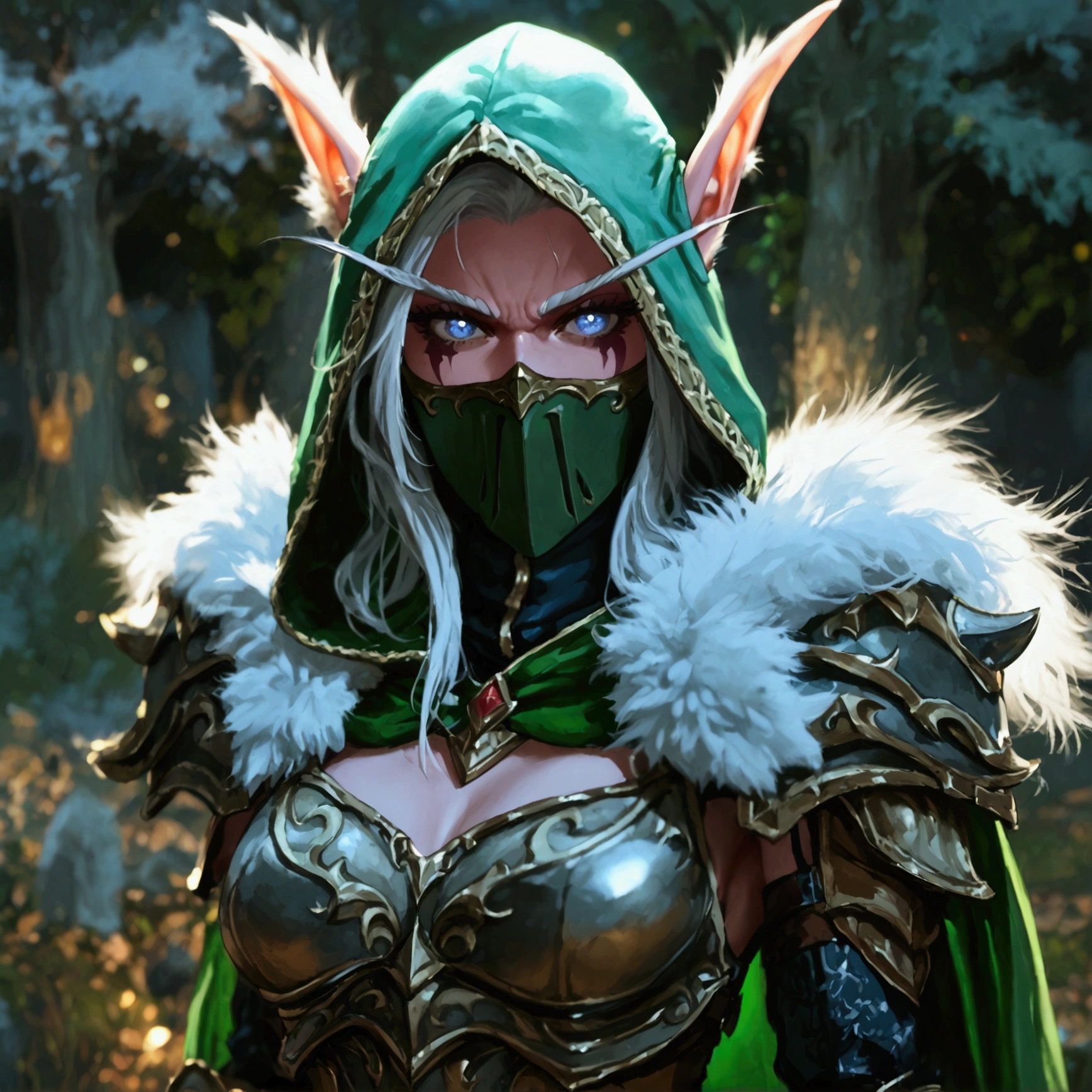 Ultra quality, 1girl, Maievxl, night elf, dark eyes, green cloak, helmet, mask, fur trim, white hair, tail, upper body, shoulder armor, gloves, armor, confident pose, hands on hips, angry, looking at onlooker, outdoors