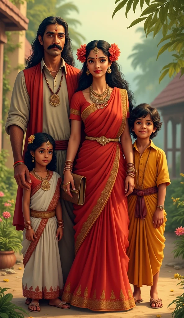 I want to create a family picture of a housewife who very sexy in saree with her husband Raju, whose physical features are mentioned below, he is shorter than his wife and their two children named Pratham and Sanket who are adopted and very handsome. I want this picture to look very sexy and hot, the setup should be of village and they are not rich so keep it desi. Saroj is milky white and she is super curvy and sexy. 



1. Background and Family:
    - Saroj is a 30-year-old young married woman living in Ballarpur, a town near Chandrapur, India, specifically in Saibaba ward.
    - She has two adopted sons, Pratham and Sanket, who are protective of her.
    - Her husband, Raju, is responsible and caring, though she desires a physically stronger partner but Raju is same height as Saroj and Raju is not strong, he is slim..

2. Physical Appearance:
    - Saroj is 5'7" tall, very beautiful, with a curvy, plump body typical of Indian beauty her body resonates with the body of Kylie Jenner, though she is curvy in plump and chubby way. 
    - She often wears sarees draped below her navel and perfectly around her waist and wears a different style of belly/waist chain around her waist.
    - She has her belly navel pierced to look nice in sarees.
    - She has long black hair, with her eye color being between brown and black.
    - She has a beauty spot on her chin, which adds to her charm.
    - Her figure is described as voluptuous, and she maintains it through working out and belly dancing.

3. Personality and Interests:
    - Saroj is innocent but enjoys flirting when she receives attention, especially from men in her neighborhood who admire her saree style.
    - She likes makeup, belly dancing, singing (with a beautiful voice), and elegant things.
    - Saroj is innocent, beautiful, down-to-earth, optimistic, loving, romantic, and has a wild side.
    - She has a rational thought process, eloquence, and is confident with her body.
    - She is interested and attracted 