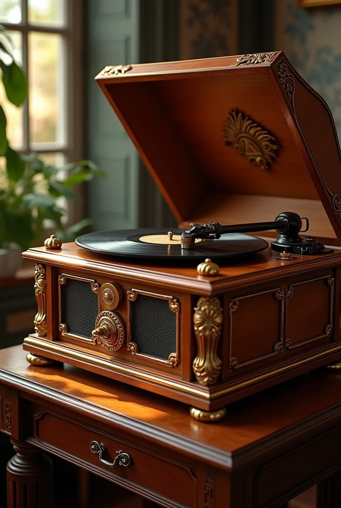 a vintage record player, intricate detailed brass and wood design, gleaming copper accents, ornate decorative elements, highly polished surface, warm glow from internal lighting, soft ambient lighting, atmospheric shadows, elegant and refined, (best quality,4k,8k,highres,masterpiece:1.2),ultra-detailed,(realistic,photorealistic,photo-realistic:1.37),studio lighting,HDR,extremely detailed description,professional,rich colors,cinematic lighting