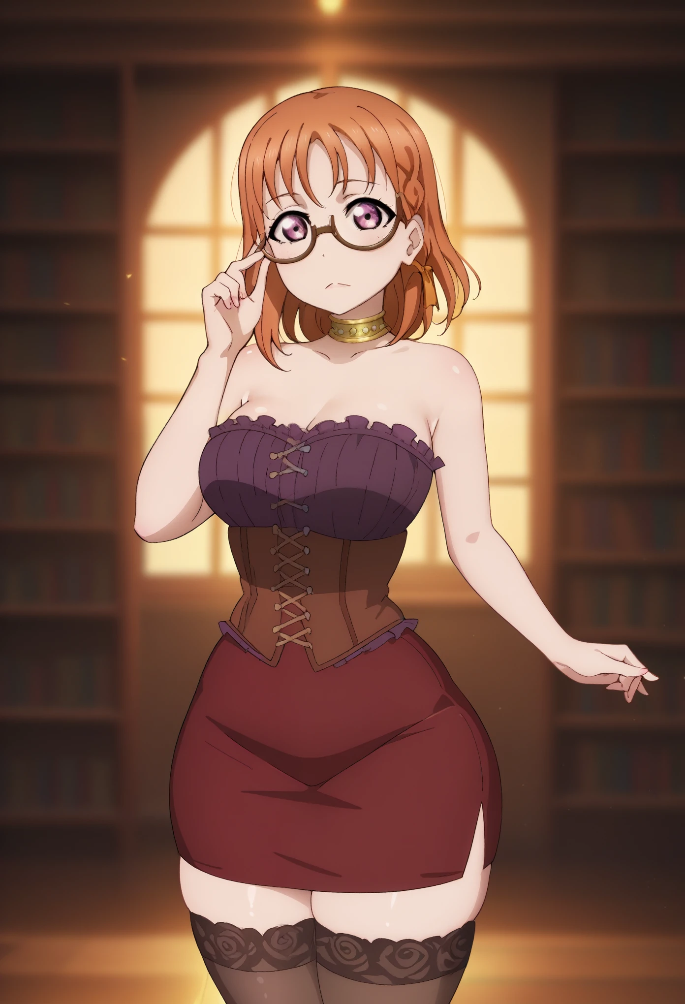 dynamic lighting , love live art style, takami chika , orange hair, medium hair, pink eyes, side braid, circle glasses, corset, pencil skirt,collarbone,neck ring, thighhighs, in black dark library , night , looking at viewer, strapless , adjusting glasses , shiny skin,Elijahzx art style,thin waist,curvy hips,solo