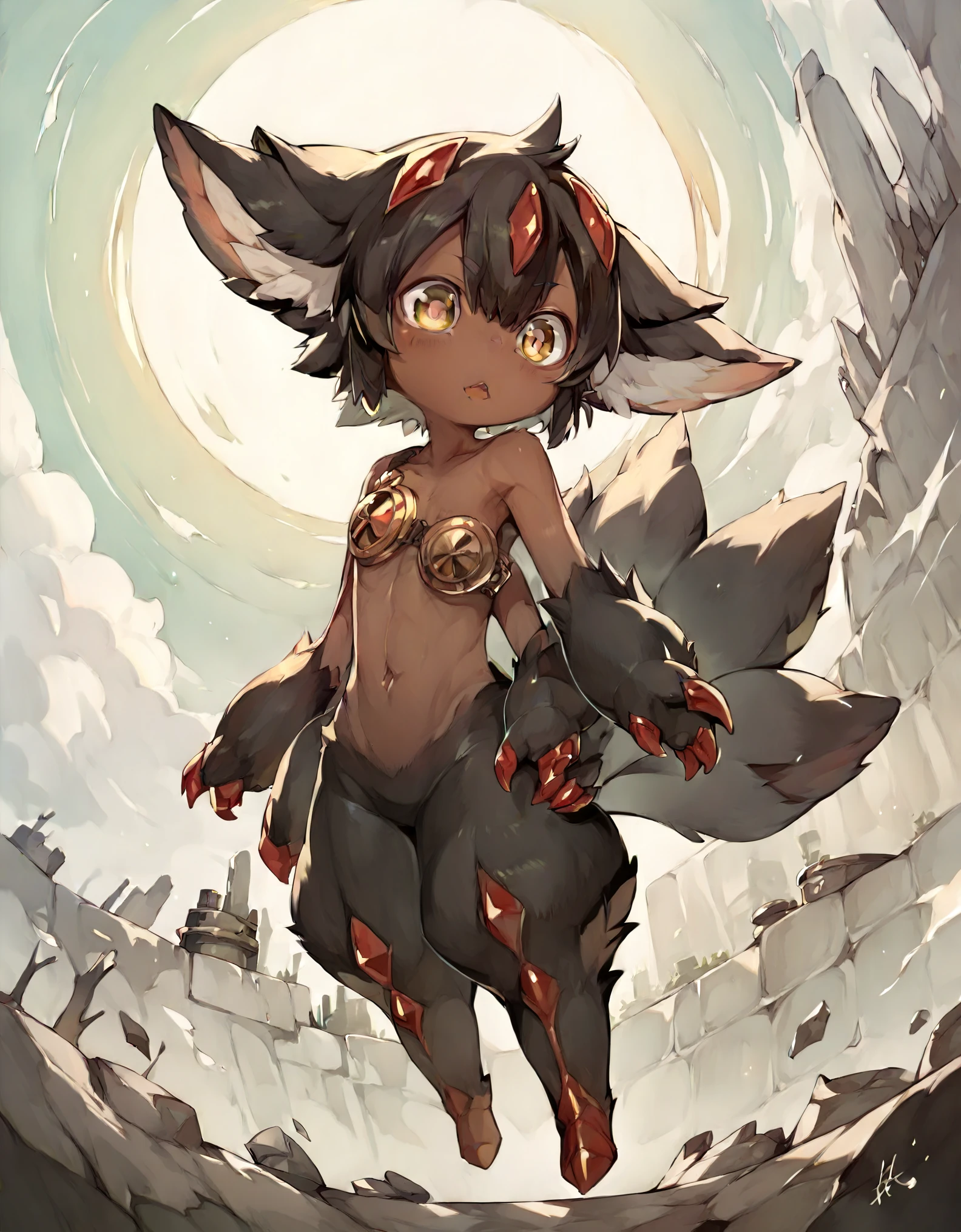 faputa, faputa black, dark-skinned girl, animal ears, extra arms, red claws, multiple tails, (fur black:1.5), black, metal_bra, nude