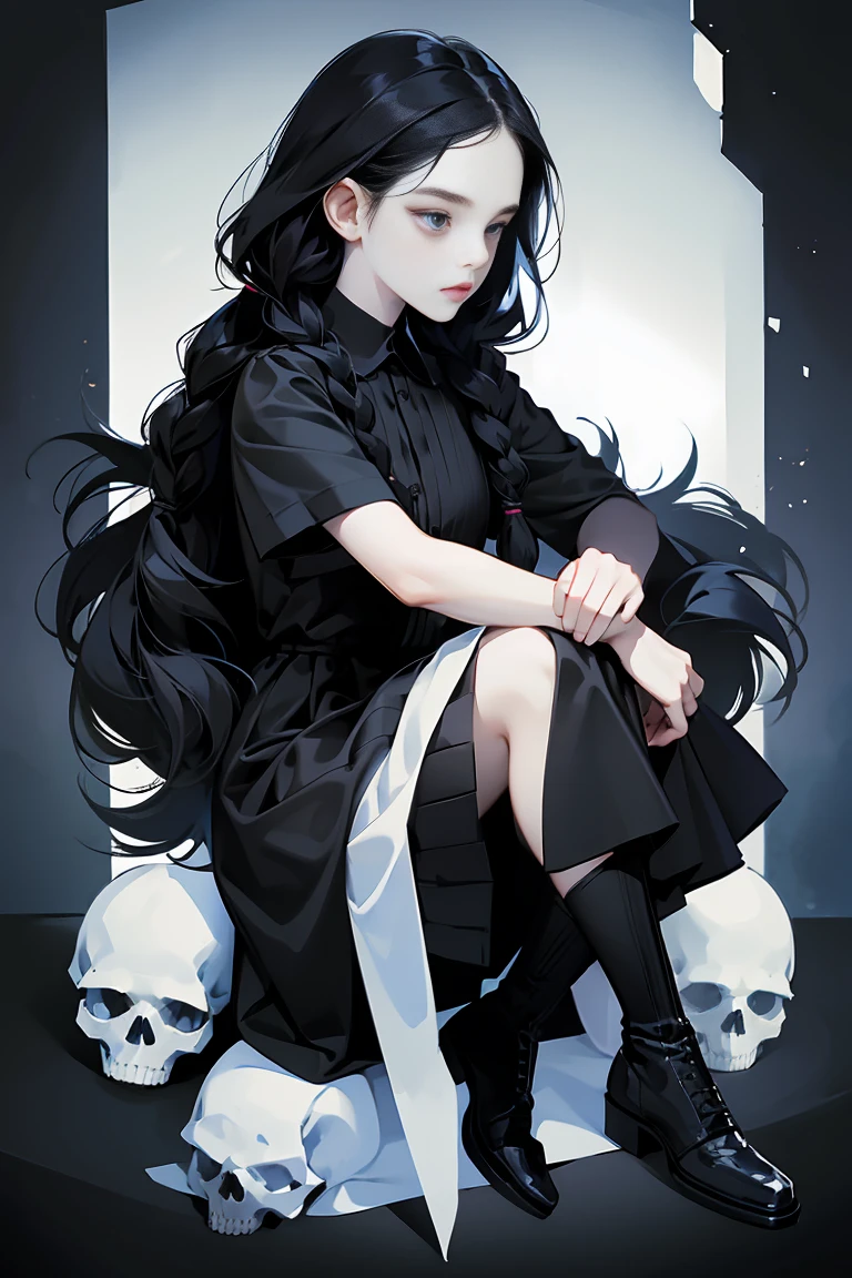 4k, high quality, 1 girl, Wednesday Addams, black hair, twin braids, serious, black eyes, pale skin, full body, no bangs, black dress, skulls