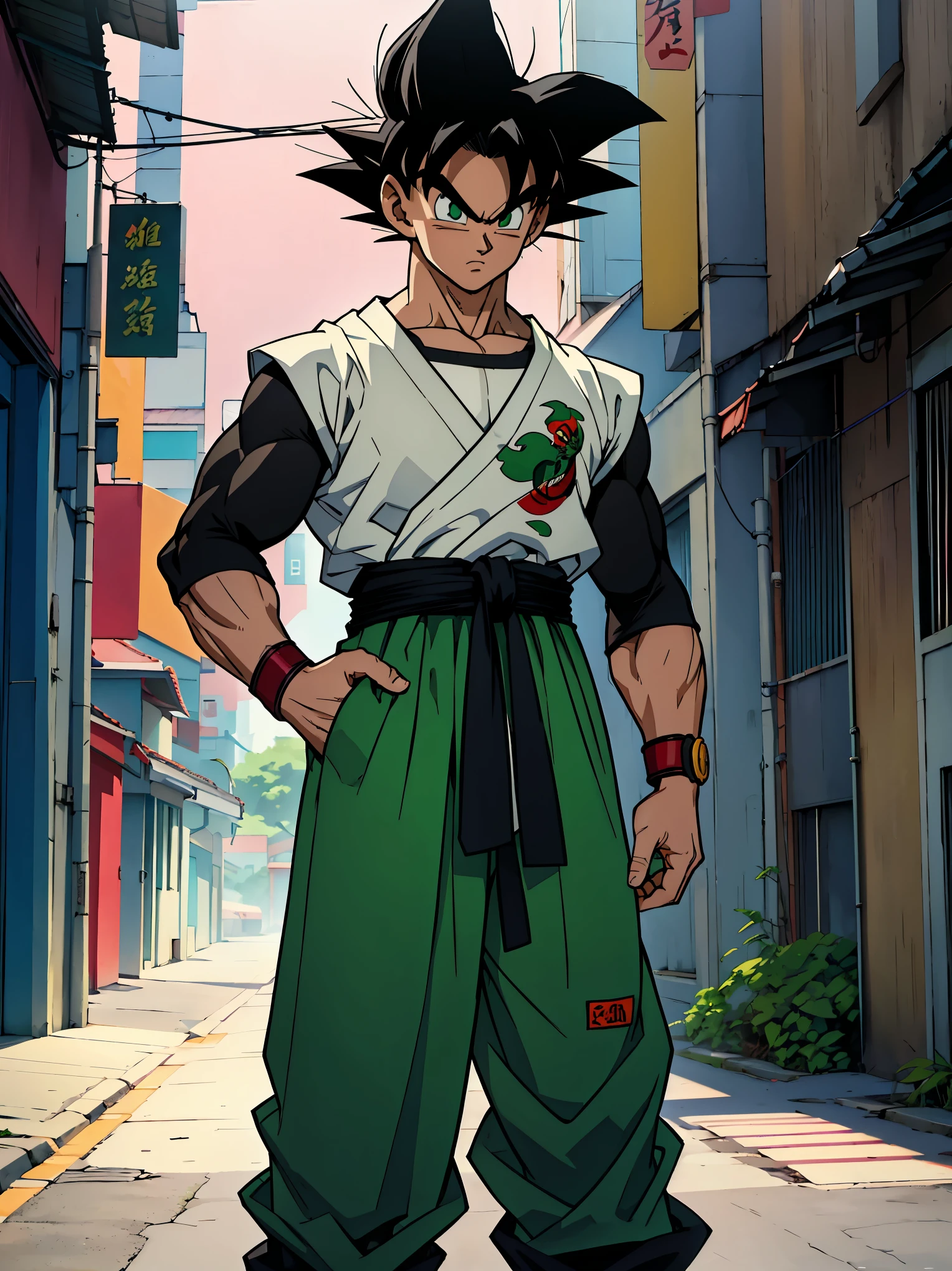 Young Saiyan warrior with spiky black hair and bright green eyes, wearing a unique martial arts outfit with black and white patterns and a red belt tied around the waist. The character has a confident and serious expression, standing in an urban anime-style setting with colorful buildings, green foliage, and clear skies. The art style features strong shadows, vibrant colors, and detailed clothing textures, resembling the Dragon Ball anime aesthetic