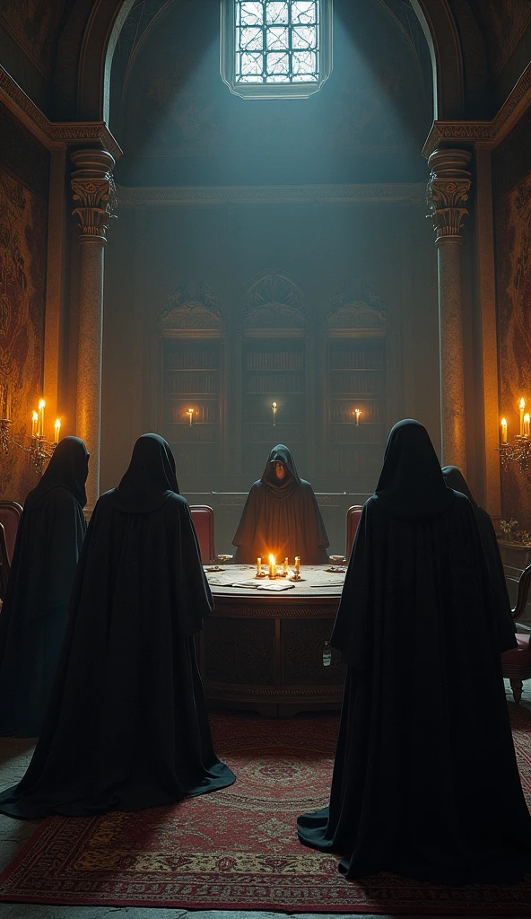A witnessing an Illuminati ritual with people in capes and masks in a large circle in a mansion
