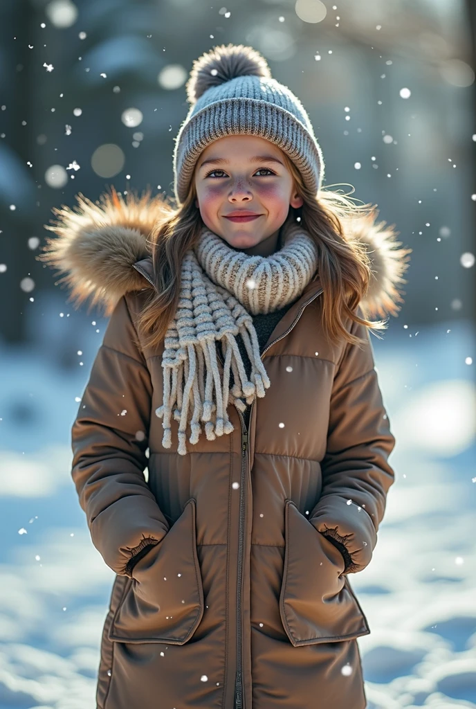 cinematic photo, 1girl 20yo, smile, snow, 35mm photograph, film, bokeh, highly detailed, (realistic, photorealistic, RAWphoto:1.4), (best quality, masterpiece, Representative work, official art, Professional, 8k:1.3)