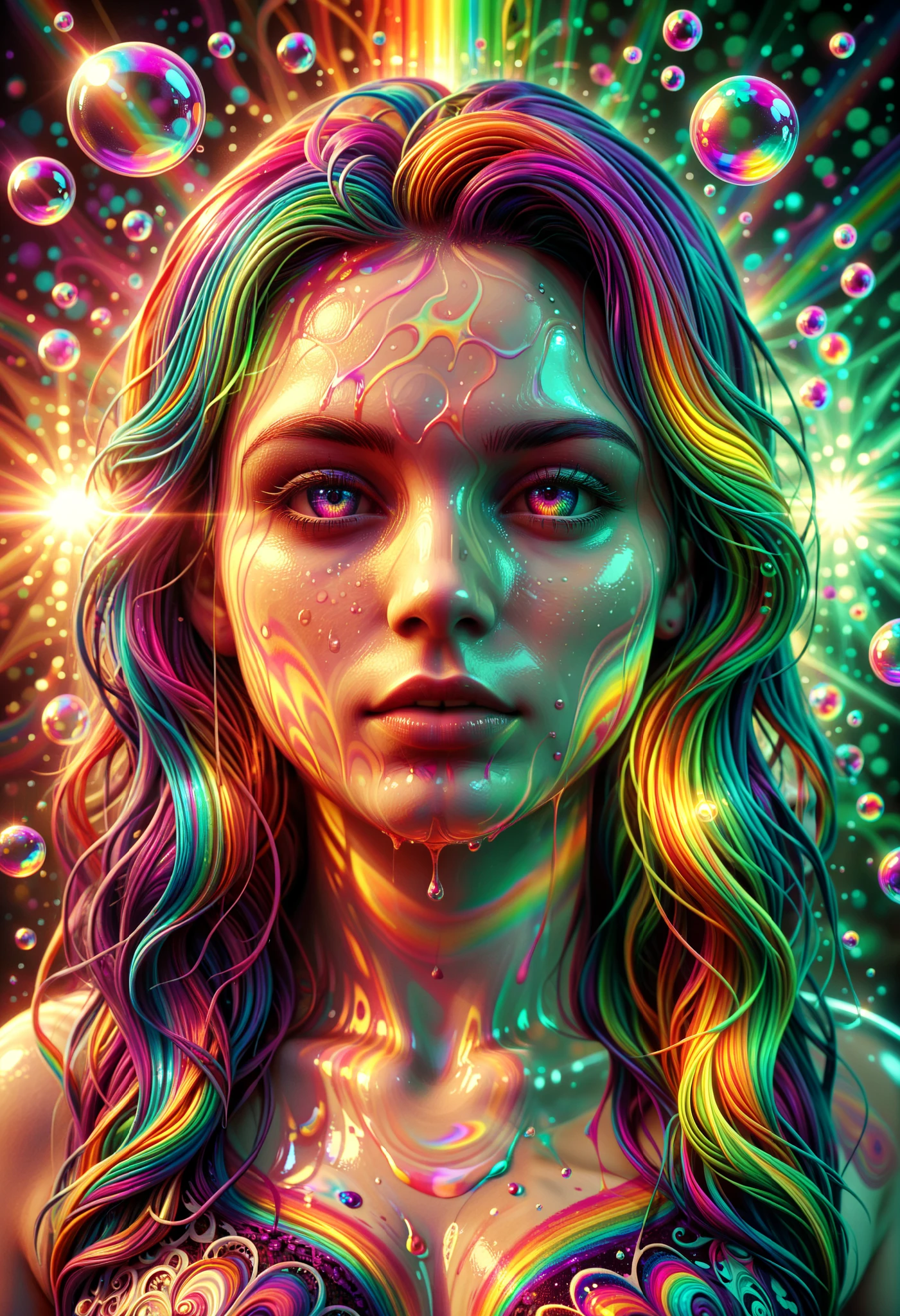 A psychedelic dream, vibrant colors shimmering, glass morphing from colors, intricate rainbow patterns, perfectly formed symmetrical spheres and glowing reflective bubbles, attention to detail on the bubbles and spheres, rainbows of color twisted in and out of translucent orbs, spilled paint and spirals of swirling color in the background, beautiful psychedelic digital art, pixel art, neon colors, 4d mandelbulb psychedelics, glass-like psychedelic landscape, intricate rainbow environment, psychedelic underwater brightness, trails of color and light, bright fluorescent colors, psychedelic vibrant colors, bright psychedelic neon colors, colorful paint drips out of the bubbles, 3D glass spheres melting into each other spilling out colors, visually disorienting, hallucination inducing, optical illusions, startling, stunning images, awe-inspiringly, best quality wallpaper, pixel assets, portrait photography, surrealism, photorealistic, hyperdetailed, glass morphism, digital art, sparkle, optical illusion, glowing light, reflection light, overexposure, god rays backlighting, depth of field, rotational symmetry, UHD, high details, high quality, super detailed, best quality, award winning, masterpieceBrilliant images of pure light emerging from vibrant colors in a psychedelic dream, shimmering glass morphing out of colors, tripped out detailed patterns in all colors, perfectly formed symmetrical spheres and glowing reflective bubbles, attention to detail on the bubbles and spheres, rainbows of color twisted in and out of translucent orbs, background is spilled paint and spirals of swirling colour, beautiful psychedelic digital art, pixel art, neon colors, 4d mandelbulb psychedelics, glass like psychedelic landscape, intricate rainbow environment, psychedelic underwater brightness, LSD,DMT, Psilocybin, Mescaline, trails of color and light, bright fluorescent colors, psychedelic trip, fluorescent psychedelic aesthetic, psychedelic vibrant colors, bright psychedelic neon color