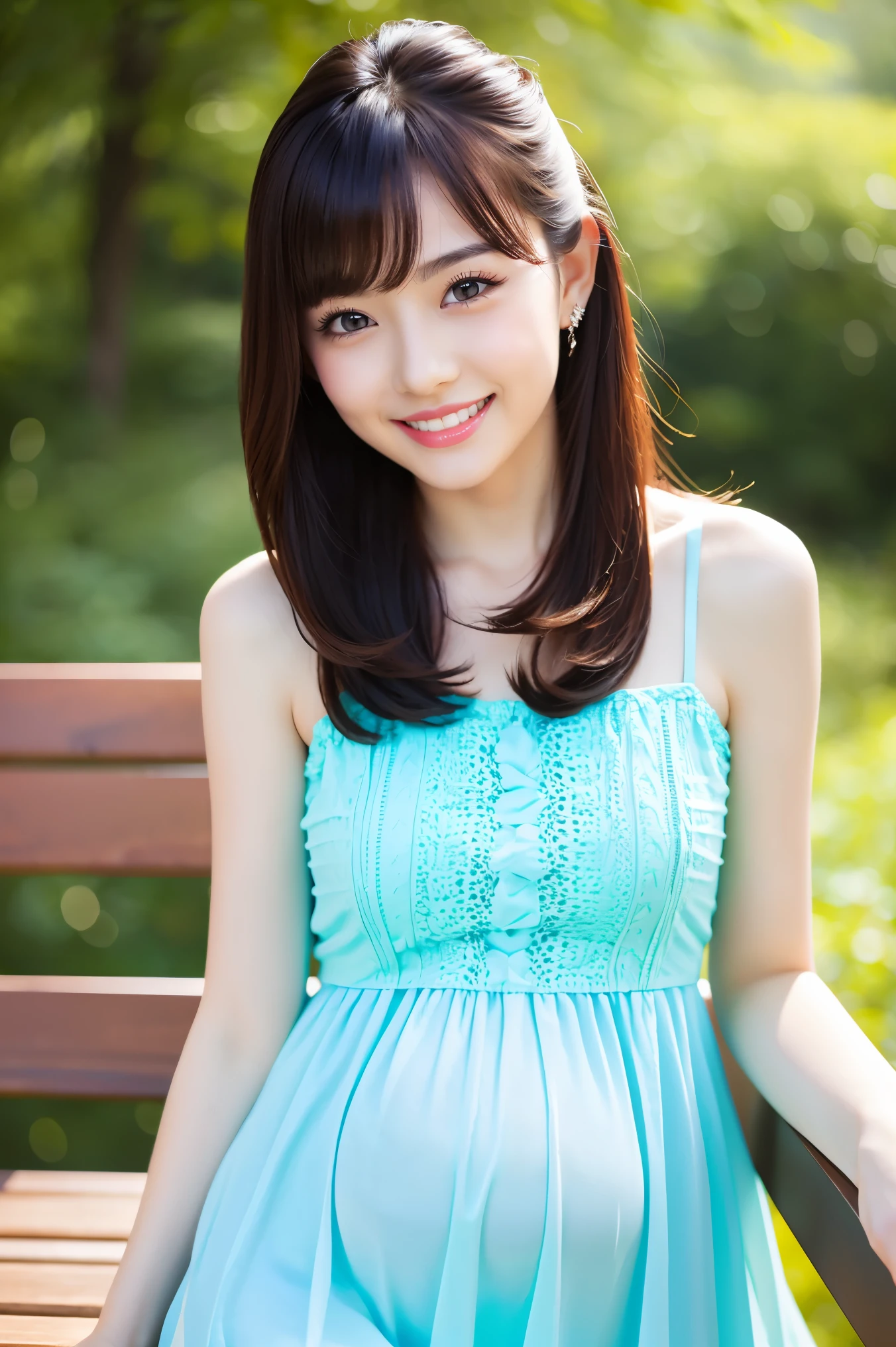 (Best-quality, Masterpiece, Ultra-High-Resolution, (Photorealistic:1.4), Raw Photo, depth of field, professional lighting, perfect anatomy, extremely details, perfect body, perfect face), 1girl, 15-years-old, the most famous Japanese idol, at amazingly beautiful park, ((wearing casual dress with cute-design)), (extremely cute face like the most popular Japanese idol, ((extremely cute and extremely big eyes)), extremely cute hair, extremely beautiful skins), extremely cute cheeks, extremely cute long-eyelashes, extremely cute lips, extremely beautiful thighs, dynamic pose, looking at viewer, innocent smile, detailed amazingly-beautiful-park