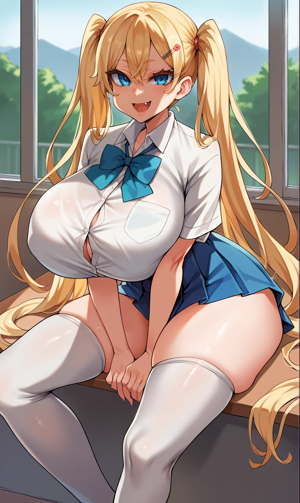 score_9,score_8_up,score_7_up,score_6_up,score_5_up,score_4_up,(source_anime),1girl,solo,long hair,breasts,looking at viewer,smile,open mouth,blue eyes,skirt,blonde hair,shirt,thighhighs,twintails,very long hair,school uniform,thighs,pleated skirt,fang,huge breasts,white thighhighs,blue skirt,skindentation,thick thighs,tented shirt,colored eyelashes,school,