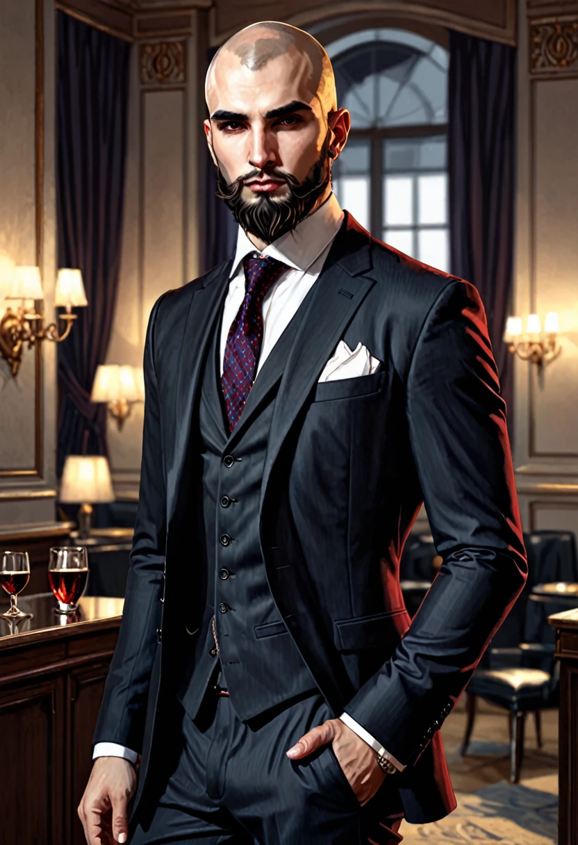 rrealistic, charlie-bowater-style, vampire, short man in suit, short man tall, beard, pocket square, half bald, expensive watch, tie, european, wider than tall, mathias mester-like, mafia