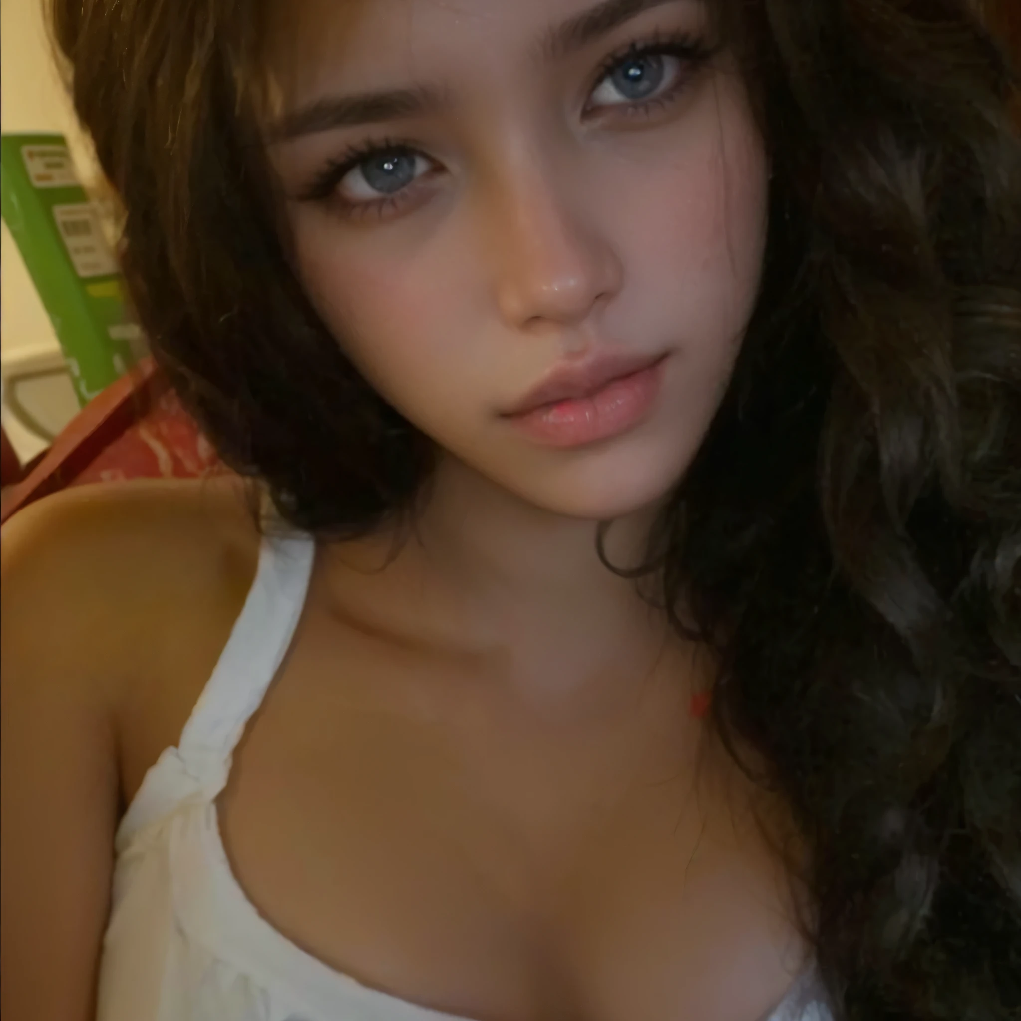 Arafed woman with long dark hair and a white tank top - SeaArt AI