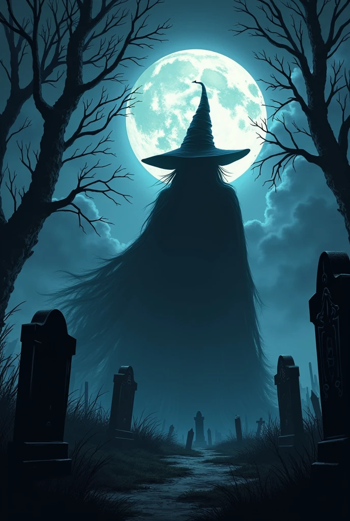 Genrate illustration image of a shadow of a witch in graveyard in the  night time 