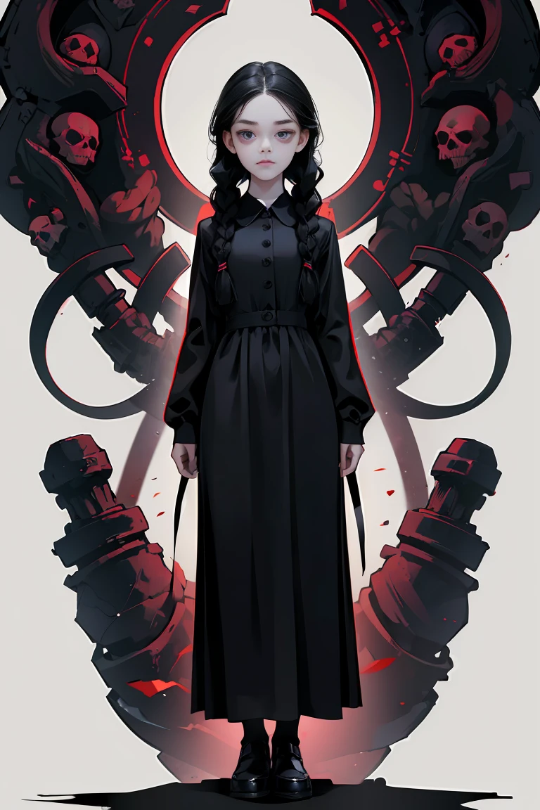 4k, high quality, 1 girl, Wednesday Addams, black hair, twin braids, serious, black eyes, pale skin, full body, no bangs, black dress, skulls, simple background, anime eyes