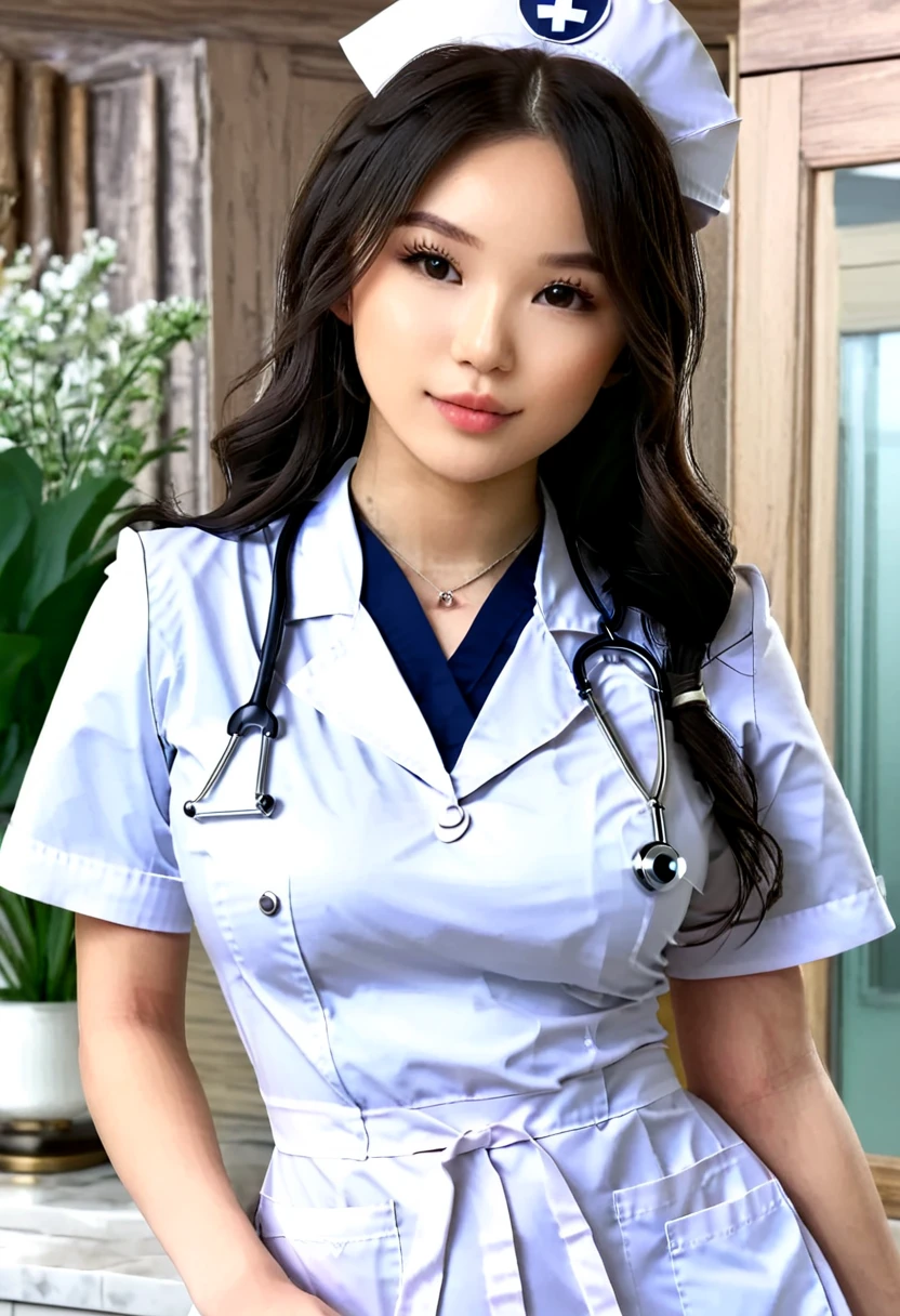 ((best resolution)), ((high quality:1.2)), 8k, extremely detailed, ((high detail:1.2), Solo, Korean Ulzzang female, (nurse uniform), (Beautiful and perfect face:1.23),