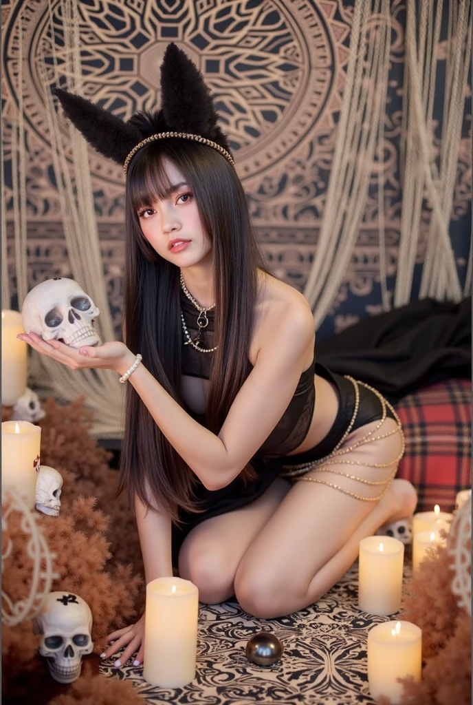 sexy Thai model who controls poison、beautiful smile、lipgloss、bold lipstick、intense makeup、look at the camera、full body Esbian、、sparkling poisoned flower costume、、、、sparkling Colorful hair、secrete poison、skull hair accessories、sexy tights、shiny sparkling flowers background