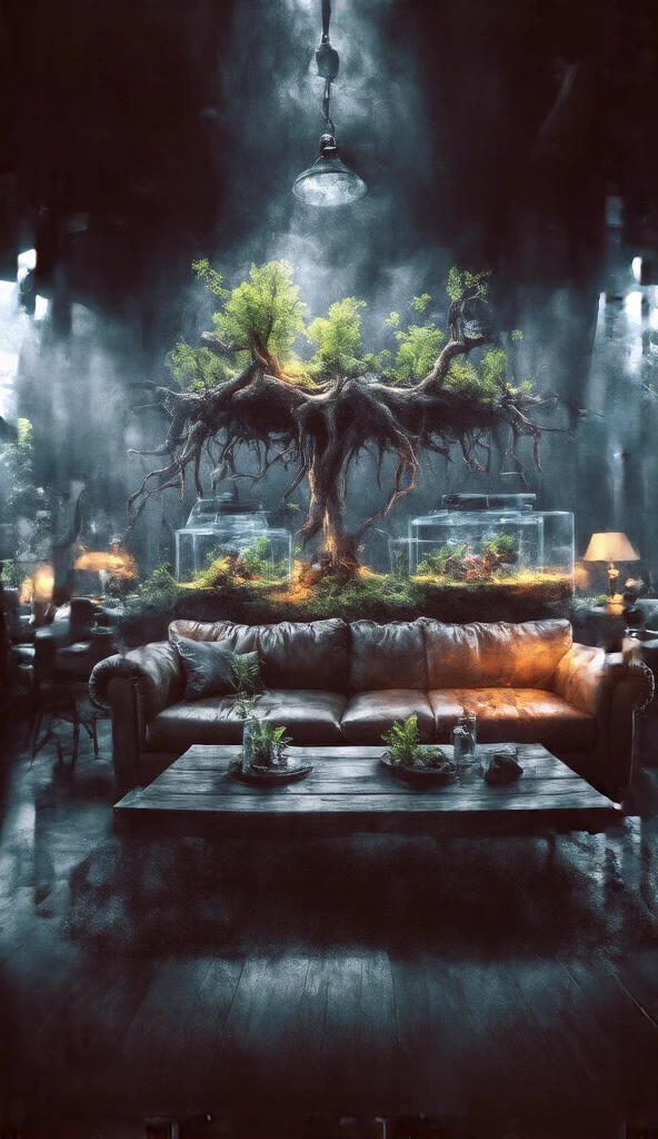 Rustic environment, on a wooden coffee table next to a brown leather sofa, Nano aquariums, freshwater aquariums, aquarium plants aquarium design, plants and tree roots protruding from the aquarium, ultra details, 32k image clarity, bright ambient lighting