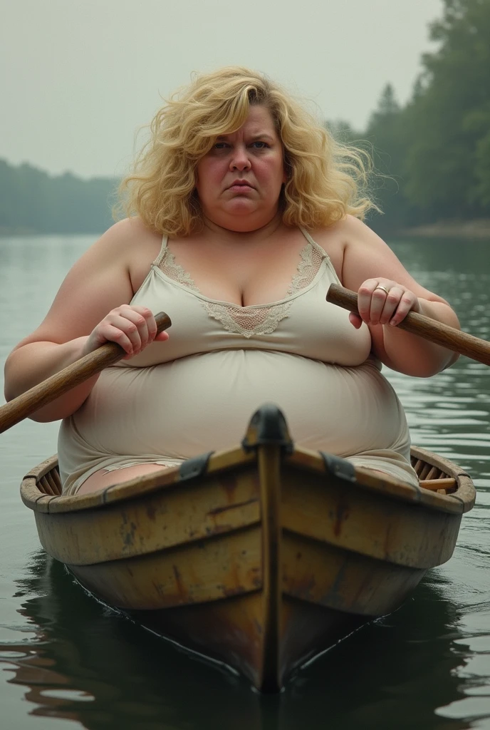 A wet happy photo of a young beautiful redhead bbw with long wavy ginger hair soft fat belly, wide fat obese hips, thick fat legs and fat arms, cute pretty face, small breasts, blue eyes, freckles, in long trousers and cute shirt, sitting in a boat, floating on a beautiful lake surronded by mountains