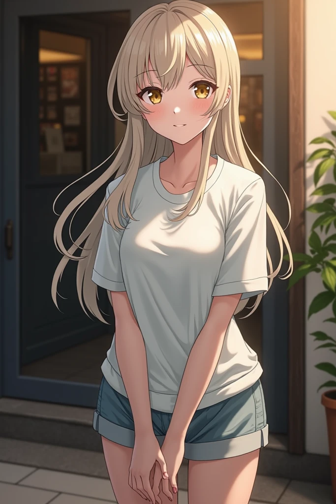 masterpiece, absurdres, high quality, 1girl, <lora:mahiro:1>, mahiru shiina, long hair, loose hair, blonde hair, caramel eyes, <lora:shirt_tug:0.7>, shirt, shirt tug, thighs, smile, detailed eyes, white shirt,