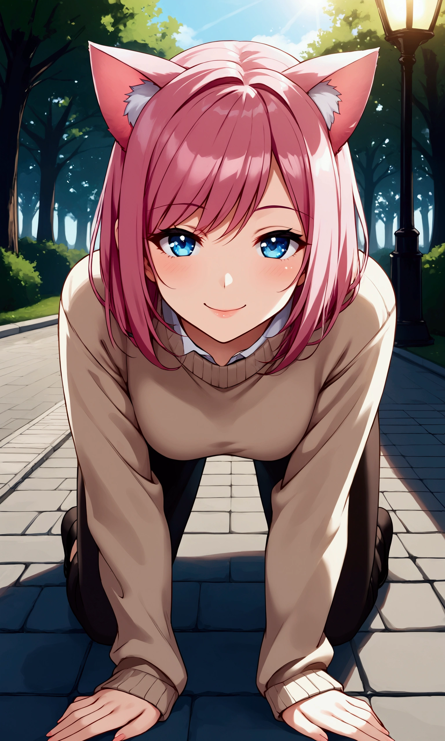 Anime girl with pink hair and cat ears crouching down - SeaArt AI