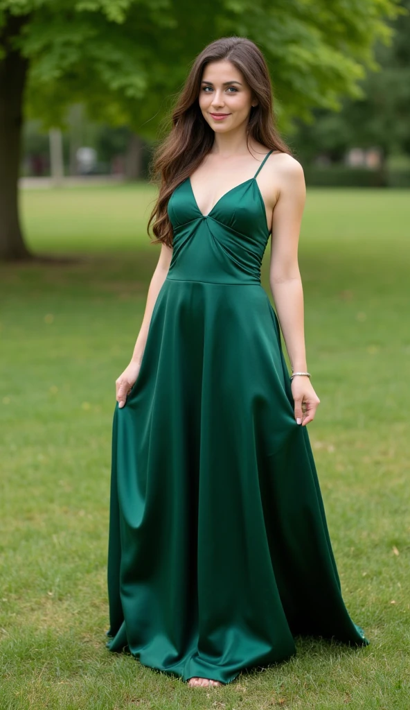 Realistic full body photo of a smiling brunette with long hair, She dances in front of the camera in a long A-line dress with straps made of shiny green satin.., Park,glamour fotoshooting, Wedding celebration, perfect anatomy, perfect brown eyes. Perfect hands with 5 fingers on each hand, Matching girl, look into the camera, 1 Frau. (Eye make up:1.1), (highly detailed skin:1.1), spirit, analog style, keen focus, 8K  UHD, dslr, good quality, Fujifilm XT3, Grain, Award-winning, ​masterpiece. Wedding celebration. She turns her beautiful long dress. Beautiful shoes