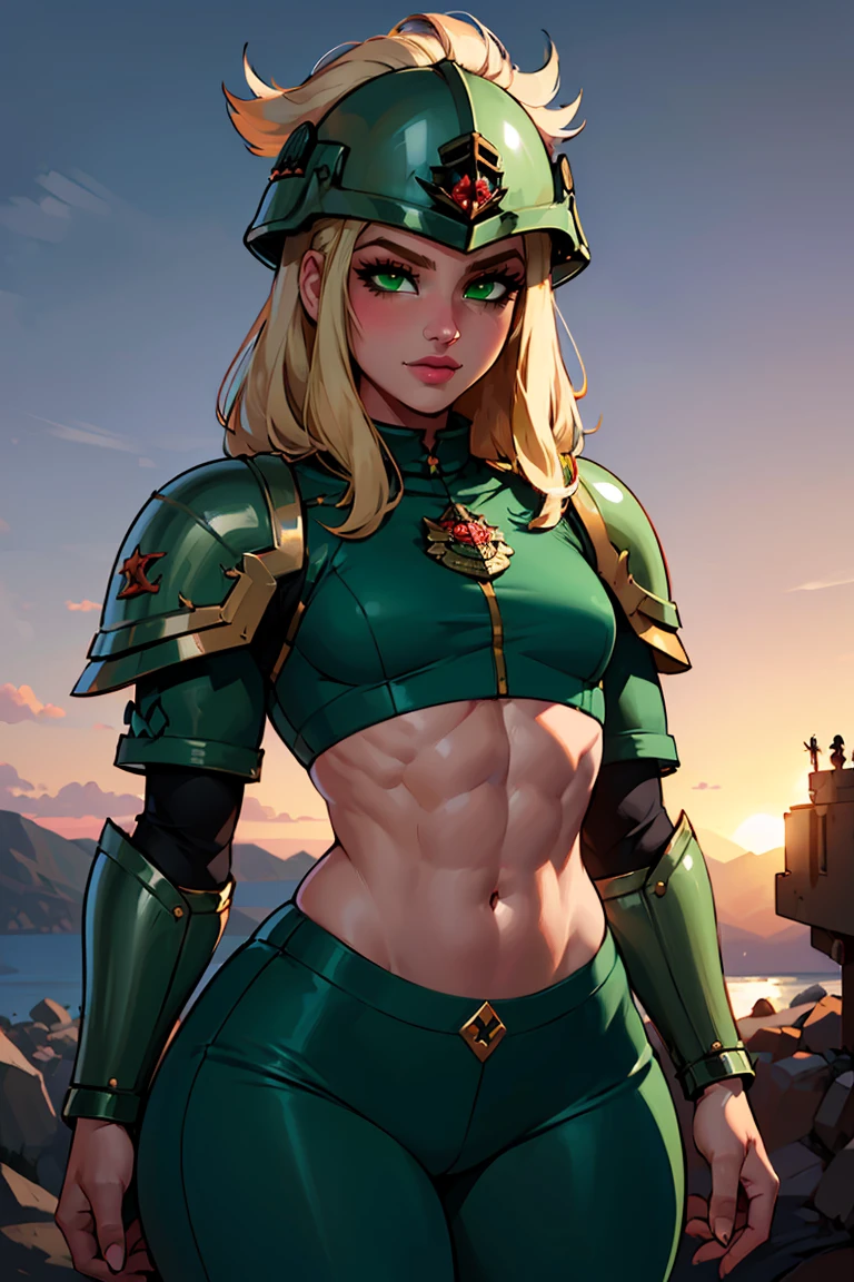 sexy ((soldier1.6))((green combat helmet helmet:1.5)) wearing (cargo pants:1.4)(perfect face), detailed face, (symmetrical eyes), perfect nose, (wears vest:1.2), wearing (small black bra on :1.4) that barely covers the , (gigantic breasts:1.4) (blonde hair combed to side:1.6)analog style posing against a tank, (backlit)1.2, (film grain)1.2, cinematic movie still frame, low-rise pants (large lips, bimbo style, thepit, perfect eyebrows)
