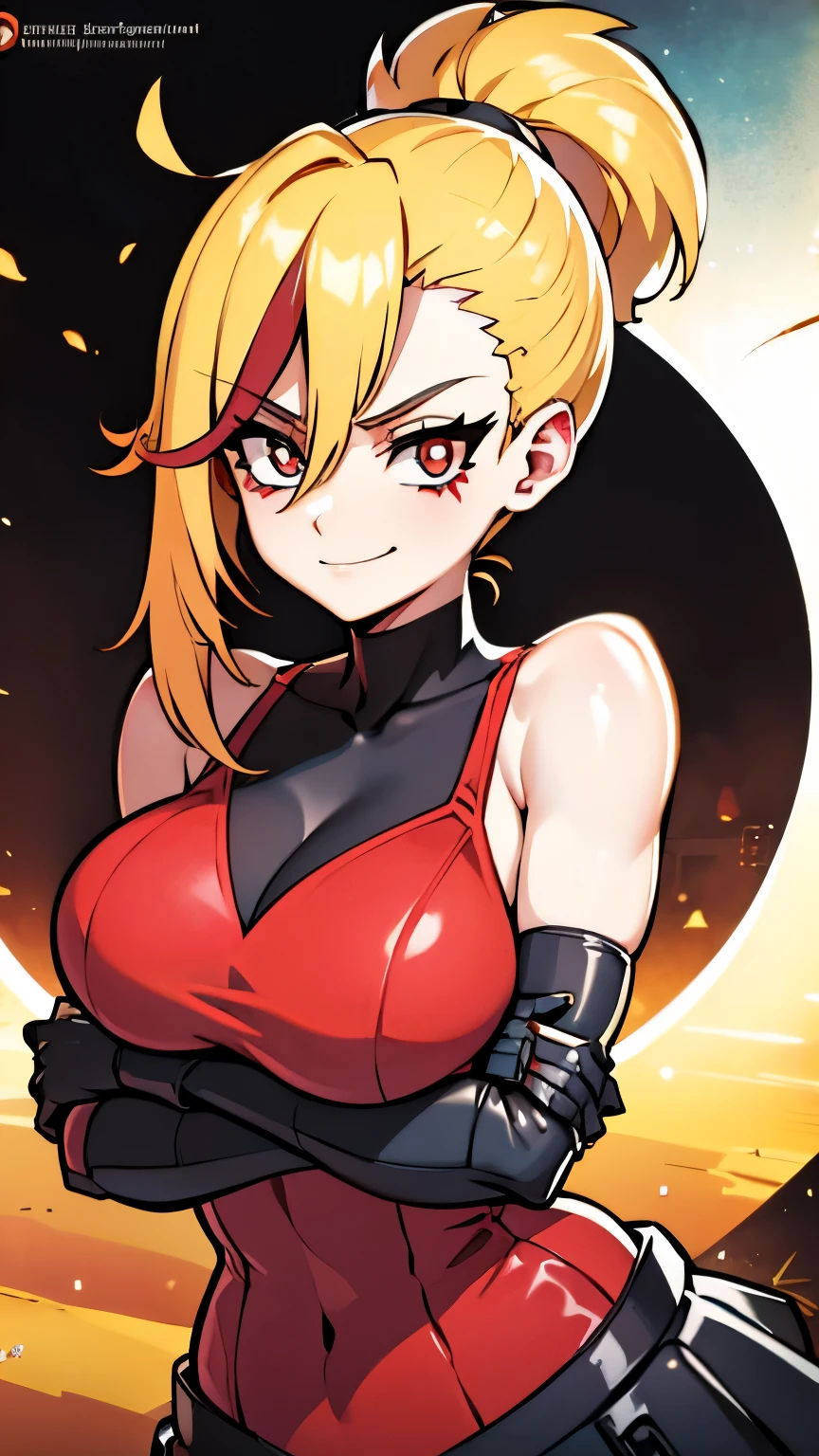 (masterpiece, best quality:1.2), red glowing eyes, red eyes, the eyes are red, perfect face, strong make up, highres, 1 girl, ultra long ponytail, (female:1.5), strife, blonde hair streaked with lots of red highlights, two colors hair (blond and red), hight flame mistress outfit, shoulder armor, sleeveless turtleneck, suspenders, belt, gloves, bracer pre potent smile, crossing legs, crossing arms , evil smile, evil pose, sitting, portrait, looking at viewer, Her hair is streaked with lots red and blonde highlights, moon tribal tattoo.