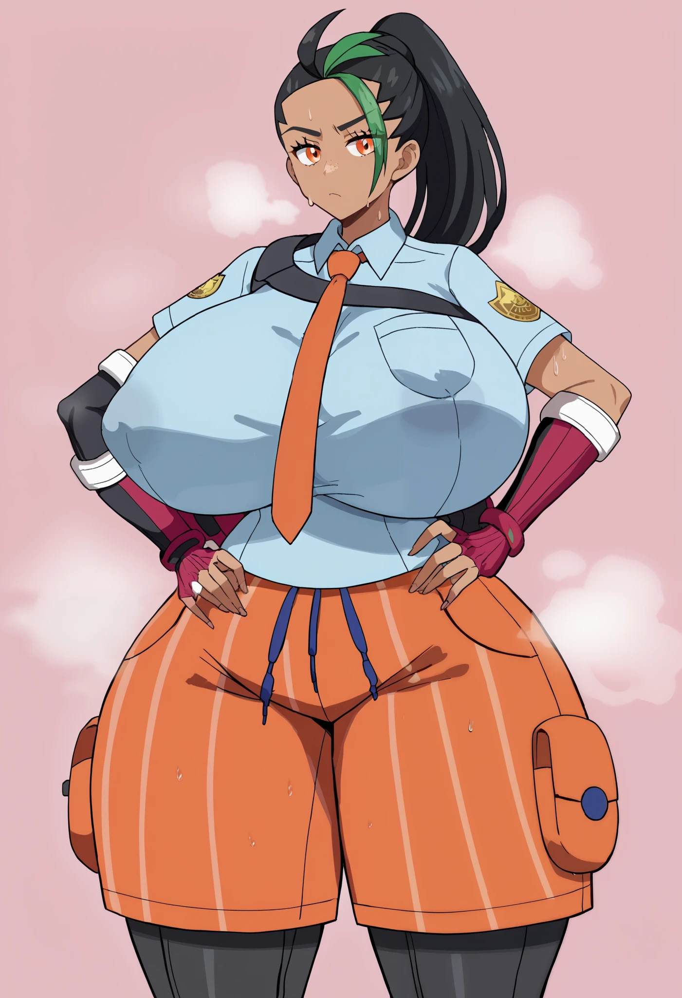 score_9, score_8_up, score_7_up, source_anime, anime screencap, BREAK 1girl, very giant girl, Nemona \(Pokemon\), black hair, green hair, orange eyes, dark skin, multicolored hair, two-tone hair, hair pulled back, collared shirt, fingerless gloves, orange shorts, backpack, masterpiece, best quality, (very super gigantic ass:1.2), (very super gigantic thighs:1.2), (very super gigantic breasts:1.2), steam, steaming, (sweat)1.4, very sweaty, sweaty body, steaming body, love juice, very wet body, erect nipple, expressionless, pink background, cowboy shot, front view, straight-on, looking at viewer, standing, hand on hip