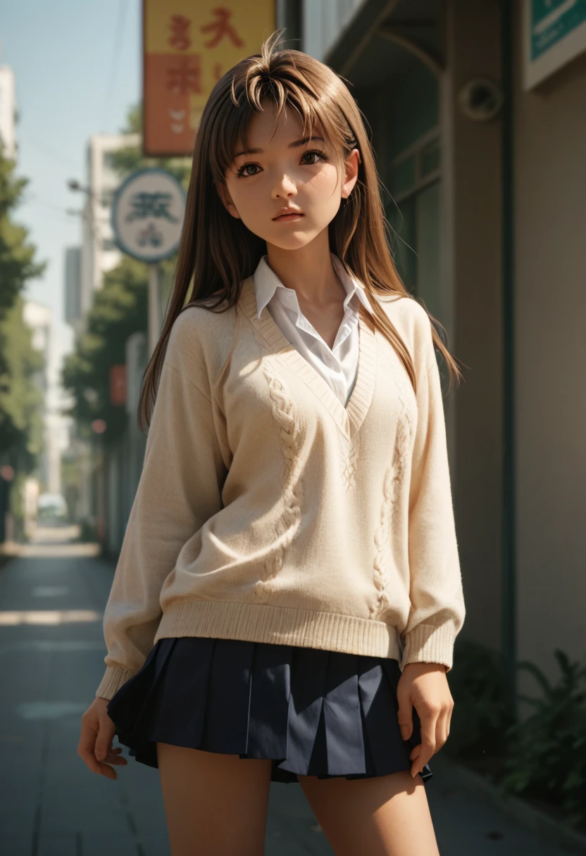 yamada, 1girl, long hair, skirt, brown hair, brown eyes, school uniform, pleated skirt, sweater,