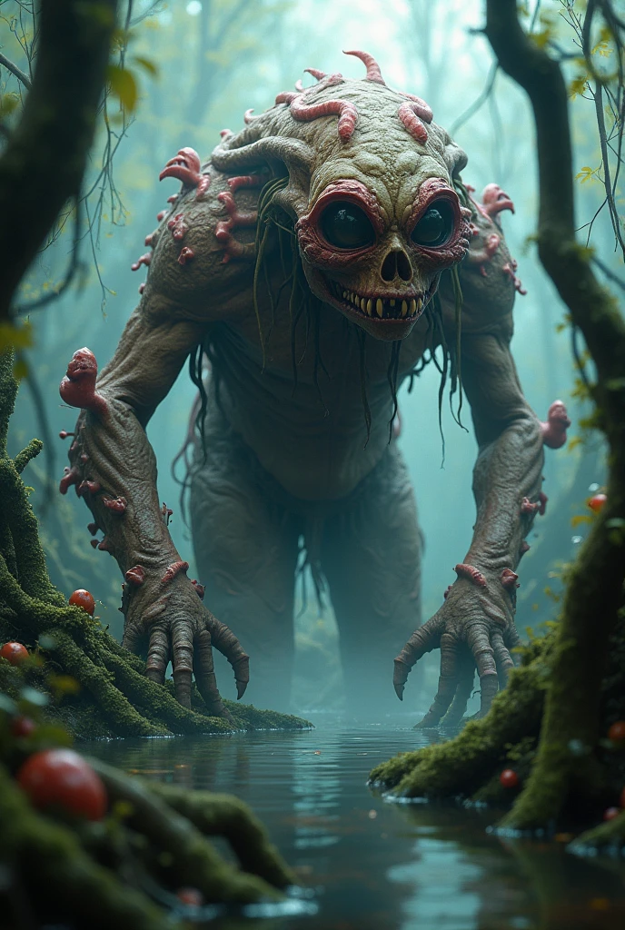 A distance view of Translucent HyperRealistic hollow anthropomorphic Clementine monster , in Forest, Detailed sunlight glowing, Leeds and barks in the grounds. Misty droplet over subject.